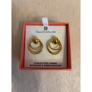 House Of Harlow 1960 Gold Toned Rope Knot Knocker Double Hoop Earrings NIB